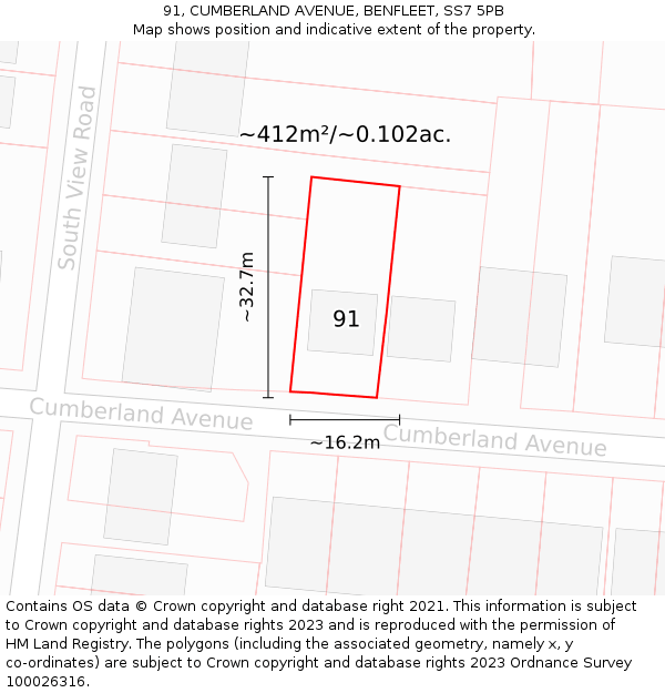 91, CUMBERLAND AVENUE, BENFLEET, SS7 5PB: Plot and title map