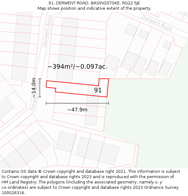 91, DERWENT ROAD, BASINGSTOKE, RG22 5JE: Plot and title map