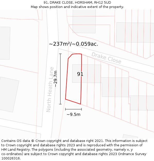 91, DRAKE CLOSE, HORSHAM, RH12 5UD: Plot and title map