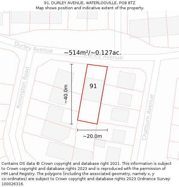 91, DURLEY AVENUE, WATERLOOVILLE, PO8 8TZ: Plot and title map