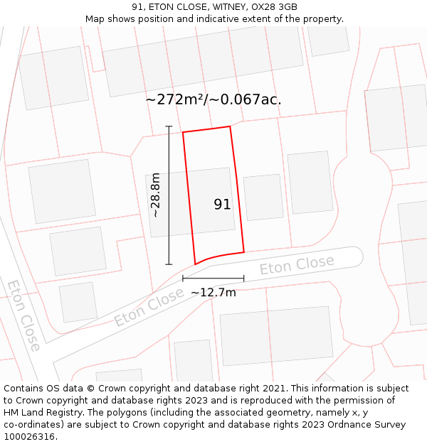 91, ETON CLOSE, WITNEY, OX28 3GB: Plot and title map