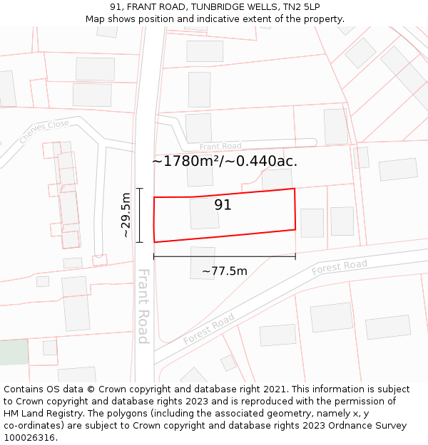 91, FRANT ROAD, TUNBRIDGE WELLS, TN2 5LP: Plot and title map