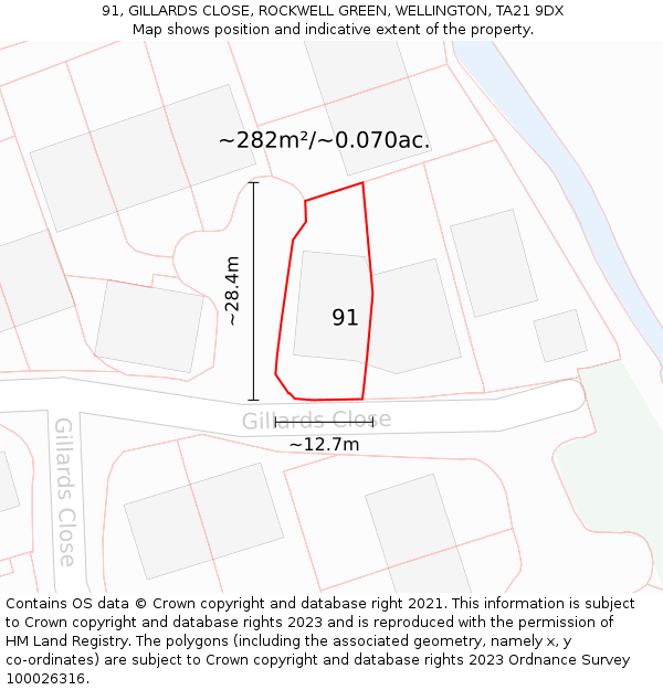 91, GILLARDS CLOSE, ROCKWELL GREEN, WELLINGTON, TA21 9DX: Plot and title map