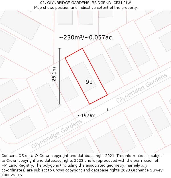 91, GLYNBRIDGE GARDENS, BRIDGEND, CF31 1LW: Plot and title map