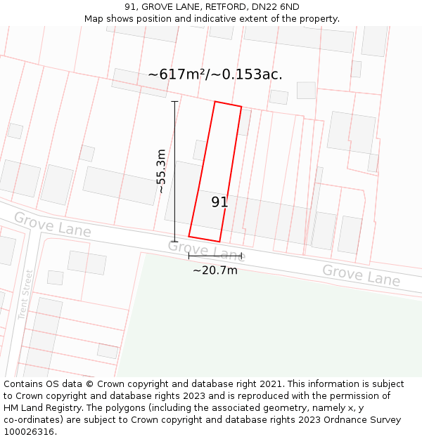 91, GROVE LANE, RETFORD, DN22 6ND: Plot and title map