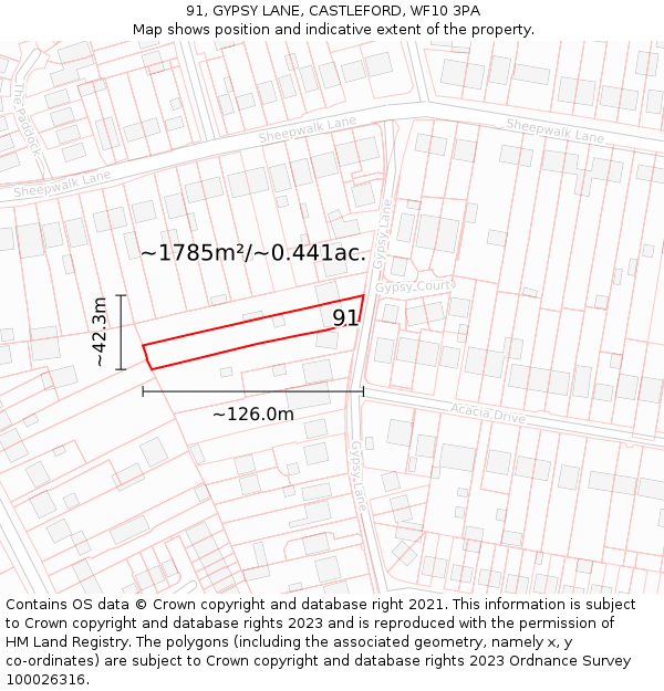 91, GYPSY LANE, CASTLEFORD, WF10 3PA: Plot and title map