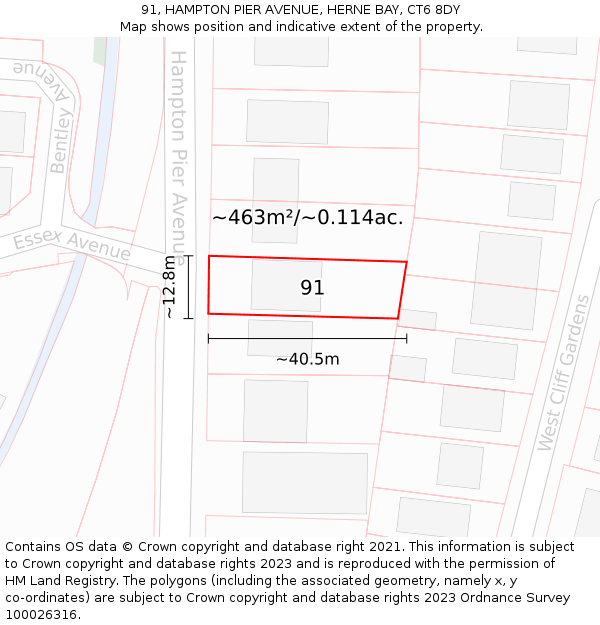 91, HAMPTON PIER AVENUE, HERNE BAY, CT6 8DY: Plot and title map