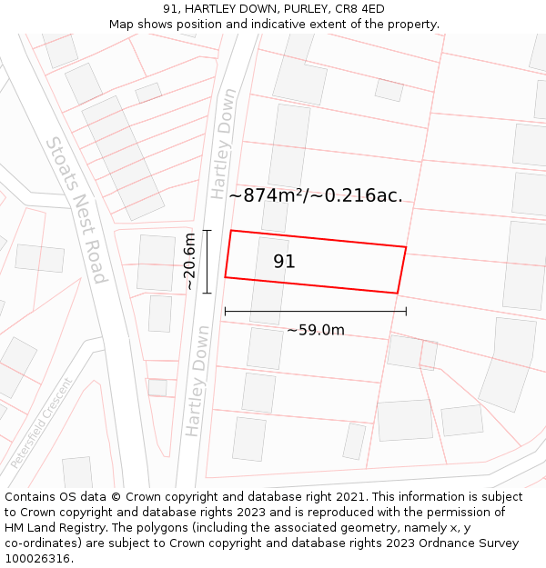 91, HARTLEY DOWN, PURLEY, CR8 4ED: Plot and title map