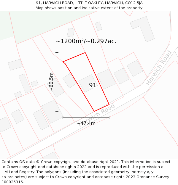 91, HARWICH ROAD, LITTLE OAKLEY, HARWICH, CO12 5JA: Plot and title map