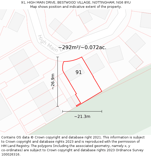 91, HIGH MAIN DRIVE, BESTWOOD VILLAGE, NOTTINGHAM, NG6 8YU: Plot and title map