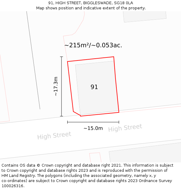 91, HIGH STREET, BIGGLESWADE, SG18 0LA: Plot and title map