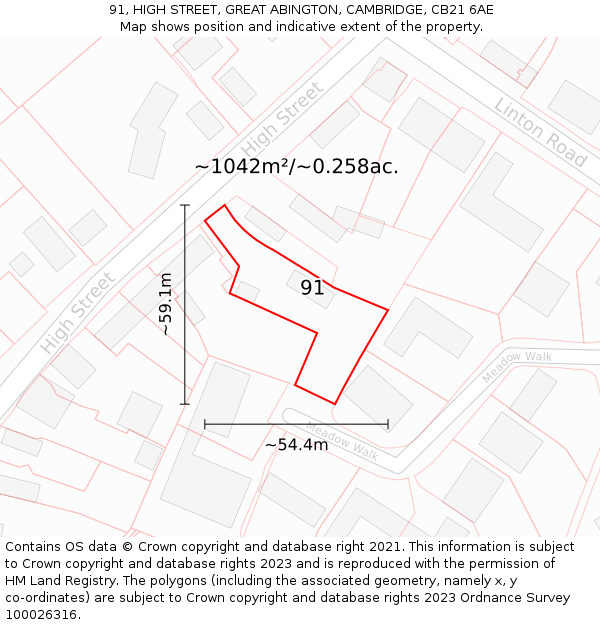 91, HIGH STREET, GREAT ABINGTON, CAMBRIDGE, CB21 6AE: Plot and title map