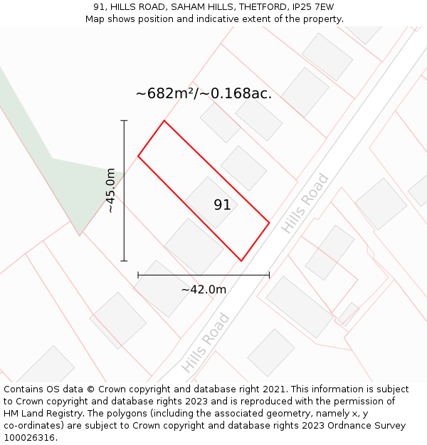 91, HILLS ROAD, SAHAM HILLS, THETFORD, IP25 7EW: Plot and title map