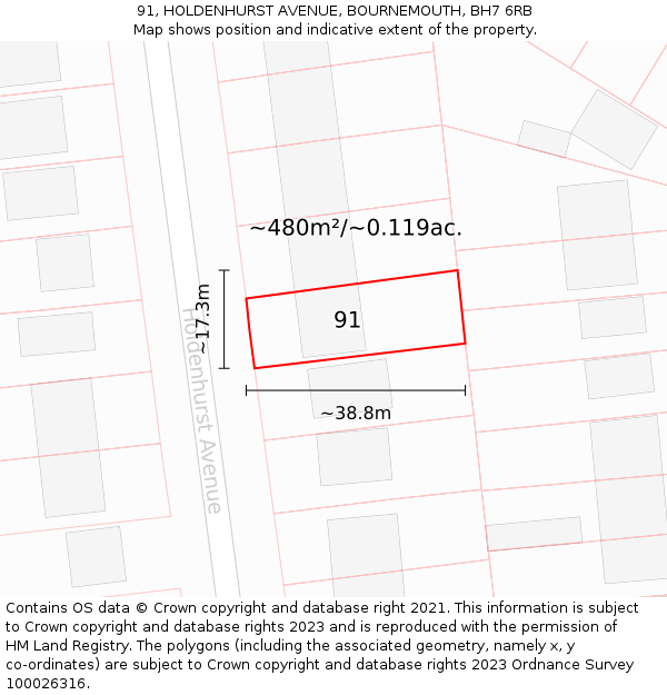 91, HOLDENHURST AVENUE, BOURNEMOUTH, BH7 6RB: Plot and title map