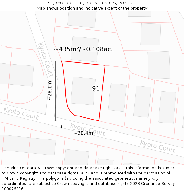 91, KYOTO COURT, BOGNOR REGIS, PO21 2UJ: Plot and title map