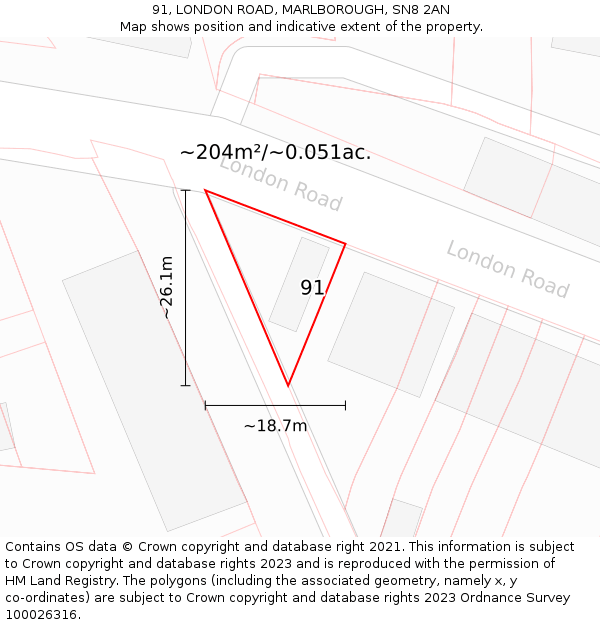 91, LONDON ROAD, MARLBOROUGH, SN8 2AN: Plot and title map