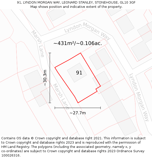 91, LYNDON MORGAN WAY, LEONARD STANLEY, STONEHOUSE, GL10 3GF: Plot and title map