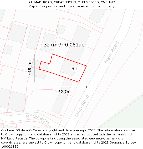 91, MAIN ROAD, GREAT LEIGHS, CHELMSFORD, CM3 1ND: Plot and title map