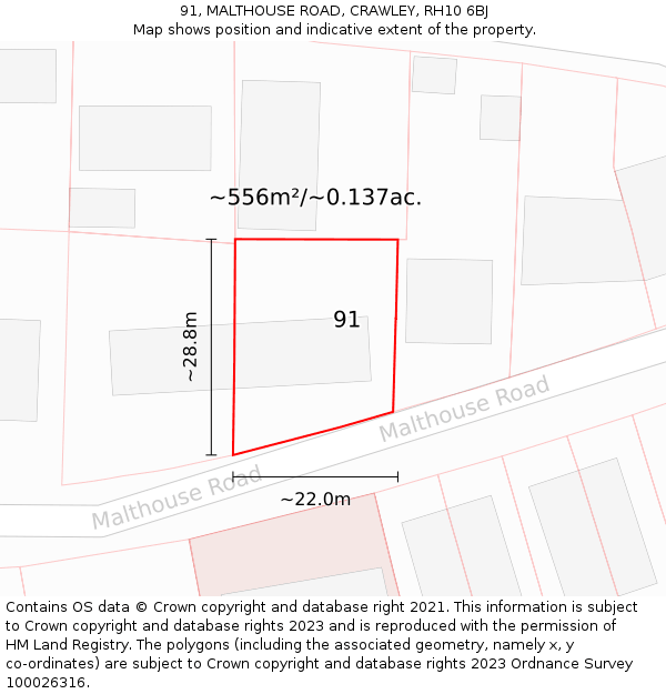 91, MALTHOUSE ROAD, CRAWLEY, RH10 6BJ: Plot and title map