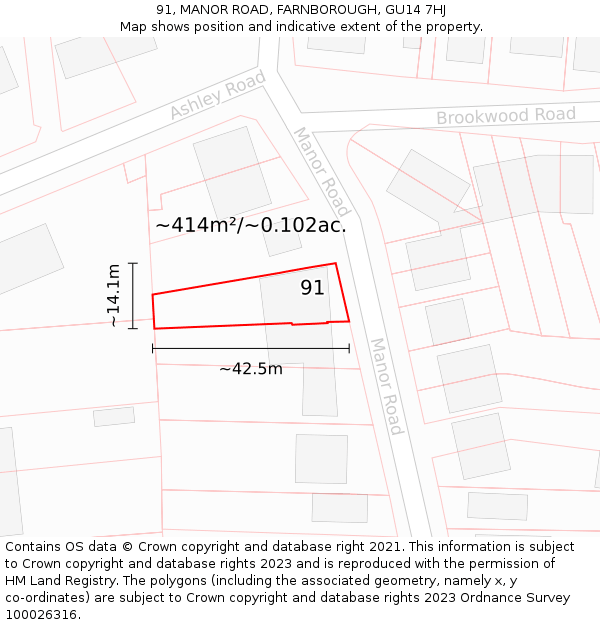 91, MANOR ROAD, FARNBOROUGH, GU14 7HJ: Plot and title map