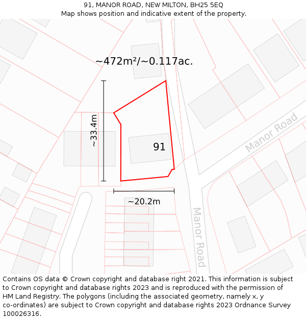 91, MANOR ROAD, NEW MILTON, BH25 5EQ: Plot and title map
