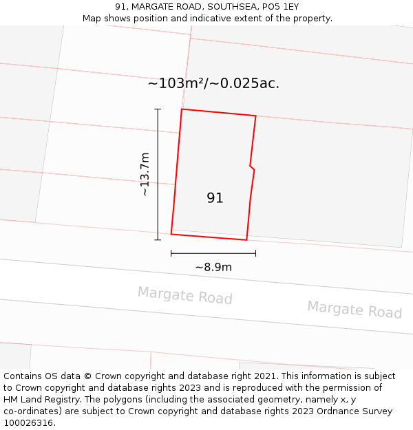 91, MARGATE ROAD, SOUTHSEA, PO5 1EY: Plot and title map