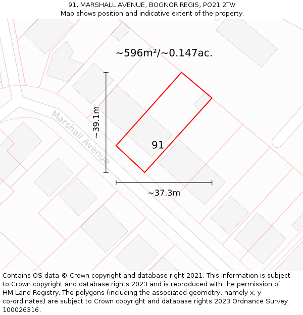 91, MARSHALL AVENUE, BOGNOR REGIS, PO21 2TW: Plot and title map