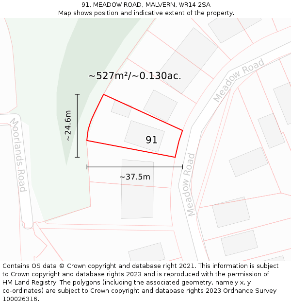 91, MEADOW ROAD, MALVERN, WR14 2SA: Plot and title map
