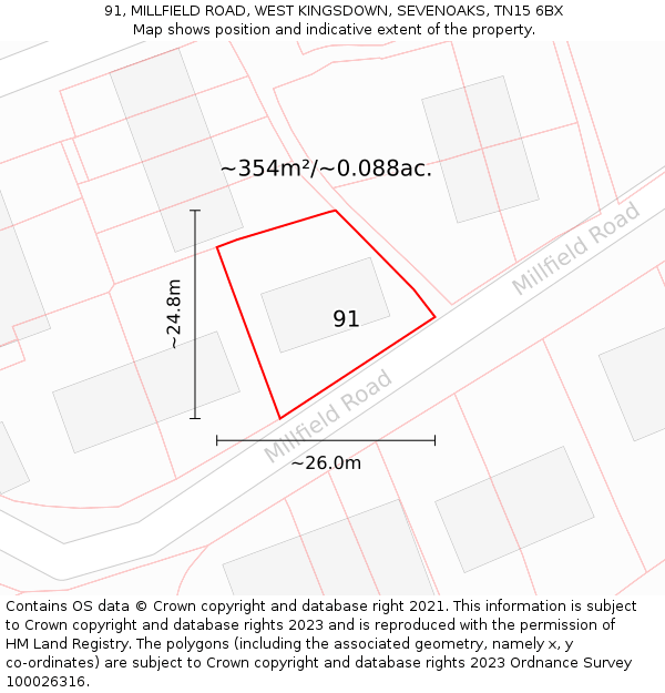 91, MILLFIELD ROAD, WEST KINGSDOWN, SEVENOAKS, TN15 6BX: Plot and title map