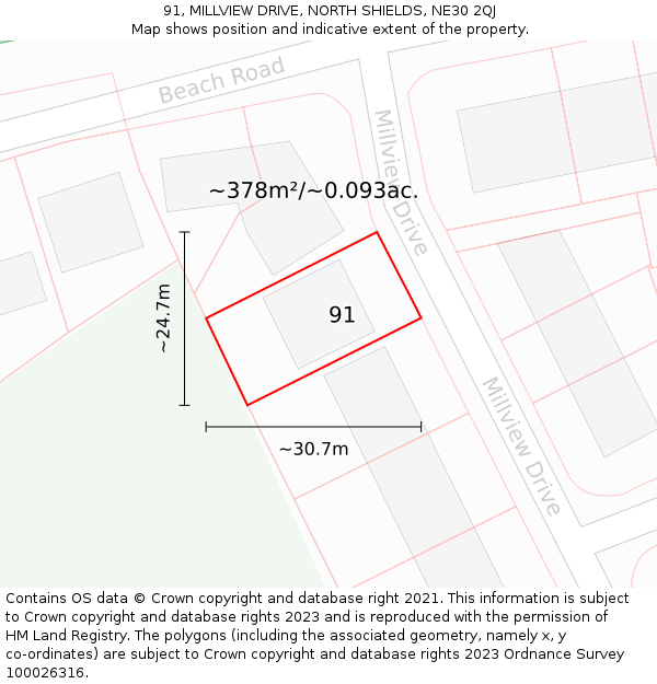 91, MILLVIEW DRIVE, NORTH SHIELDS, NE30 2QJ: Plot and title map