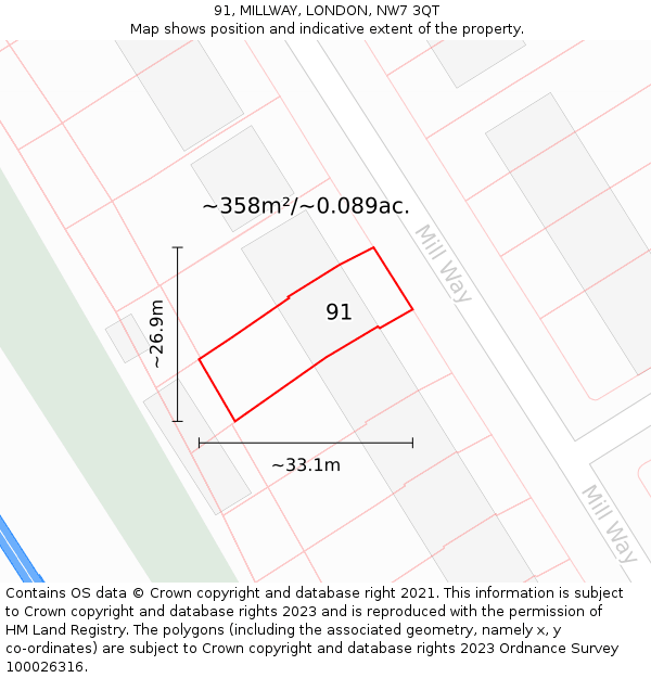 91, MILLWAY, LONDON, NW7 3QT: Plot and title map