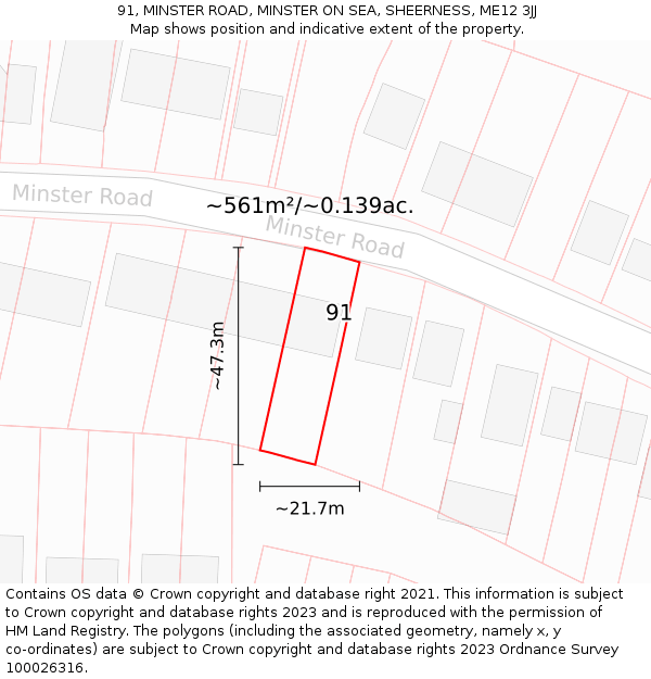 91, MINSTER ROAD, MINSTER ON SEA, SHEERNESS, ME12 3JJ: Plot and title map