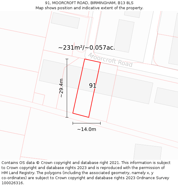 91, MOORCROFT ROAD, BIRMINGHAM, B13 8LS: Plot and title map