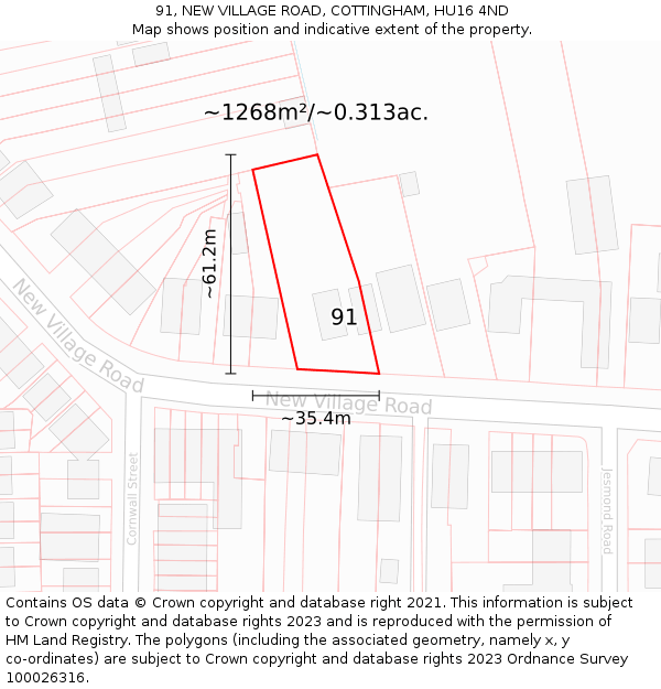 91, NEW VILLAGE ROAD, COTTINGHAM, HU16 4ND: Plot and title map