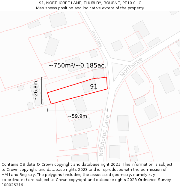 91, NORTHORPE LANE, THURLBY, BOURNE, PE10 0HG: Plot and title map