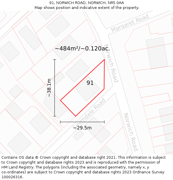 91, NORWICH ROAD, NORWICH, NR5 0AA: Plot and title map
