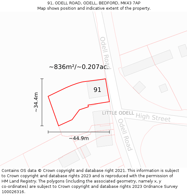 91, ODELL ROAD, ODELL, BEDFORD, MK43 7AP: Plot and title map