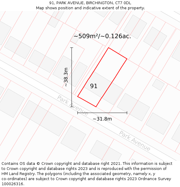 91, PARK AVENUE, BIRCHINGTON, CT7 0DL: Plot and title map
