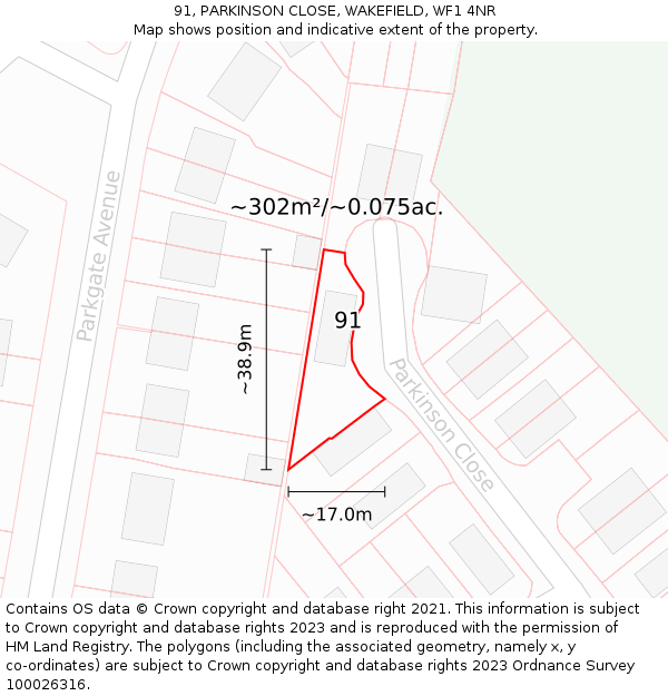 91, PARKINSON CLOSE, WAKEFIELD, WF1 4NR: Plot and title map