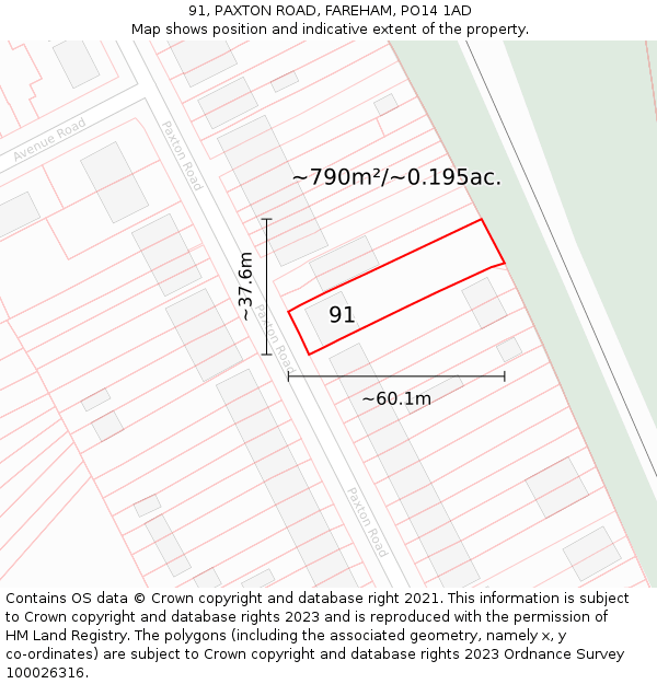 91, PAXTON ROAD, FAREHAM, PO14 1AD: Plot and title map