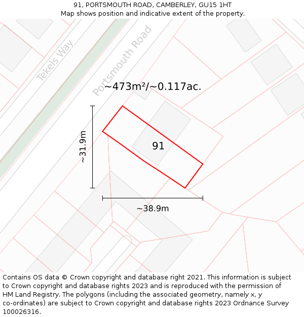 91, PORTSMOUTH ROAD, CAMBERLEY, GU15 1HT: Plot and title map