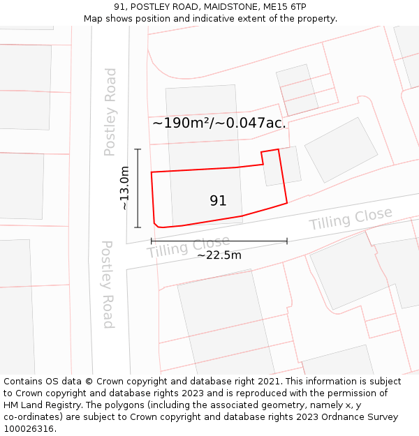 91, POSTLEY ROAD, MAIDSTONE, ME15 6TP: Plot and title map