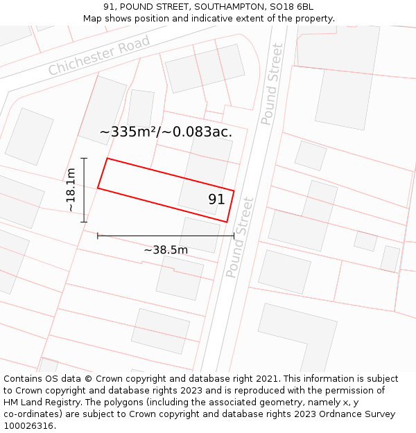 91, POUND STREET, SOUTHAMPTON, SO18 6BL: Plot and title map