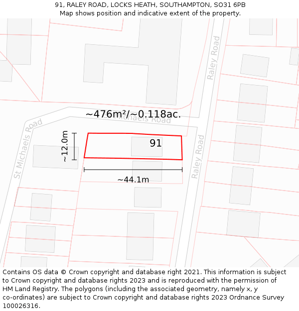 91, RALEY ROAD, LOCKS HEATH, SOUTHAMPTON, SO31 6PB: Plot and title map