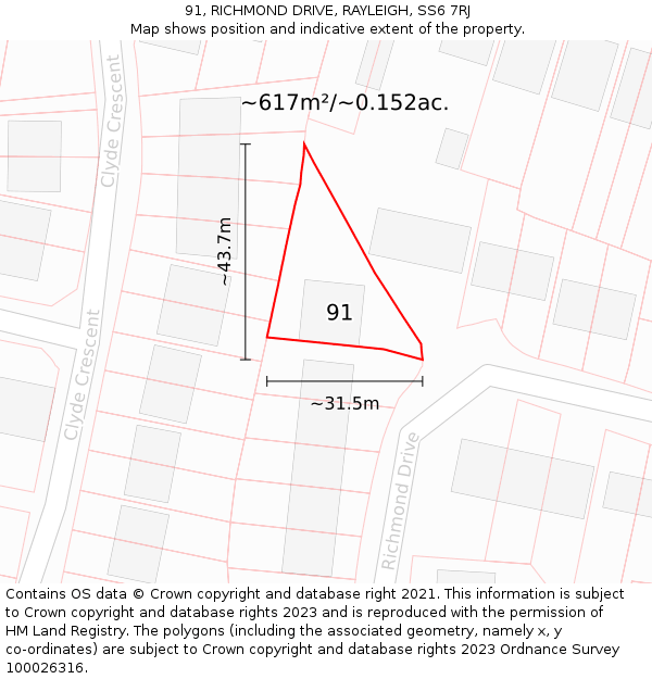 91, RICHMOND DRIVE, RAYLEIGH, SS6 7RJ: Plot and title map