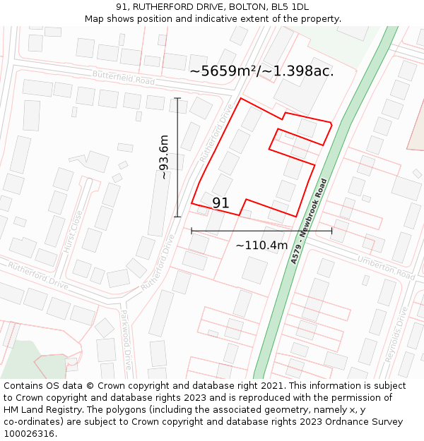 91, RUTHERFORD DRIVE, BOLTON, BL5 1DL: Plot and title map