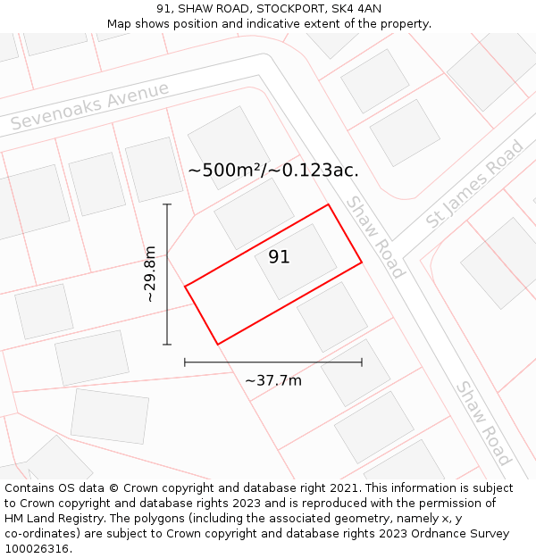 91, SHAW ROAD, STOCKPORT, SK4 4AN: Plot and title map