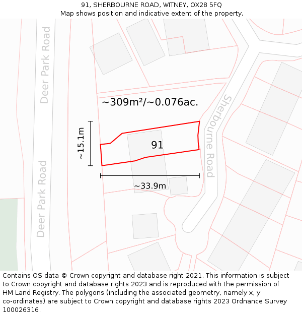 91, SHERBOURNE ROAD, WITNEY, OX28 5FQ: Plot and title map