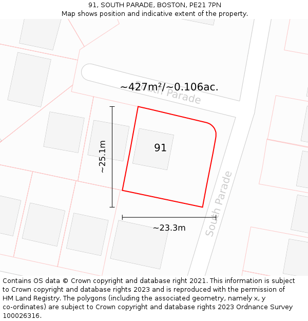 91, SOUTH PARADE, BOSTON, PE21 7PN: Plot and title map