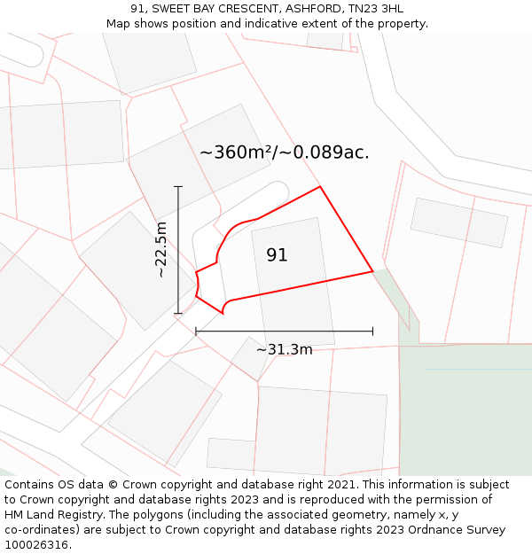 91, SWEET BAY CRESCENT, ASHFORD, TN23 3HL: Plot and title map